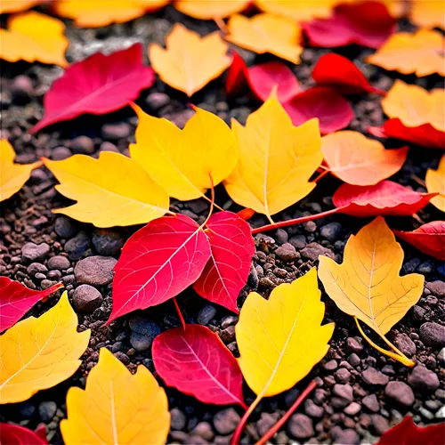 Autumn leaves, golden yellow, crimson red, scattered on ground, delicate veins, intricate shapes, soft natural light, warm color tone, shallow depth of field, 3/4 composition, close-up shot, macro pho