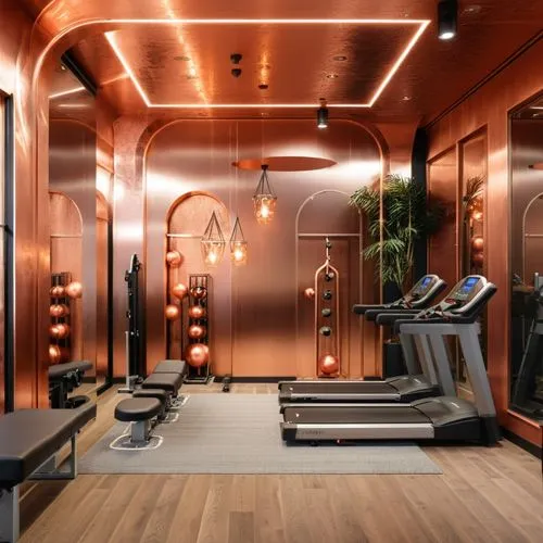  rosegold wall, copper ciling, fitness room, wood wall,a gym with a metallic wall and brown wood floor,fitness room,fitness center,technogym,fitness facility,salon,precor,Photography,General,Realistic