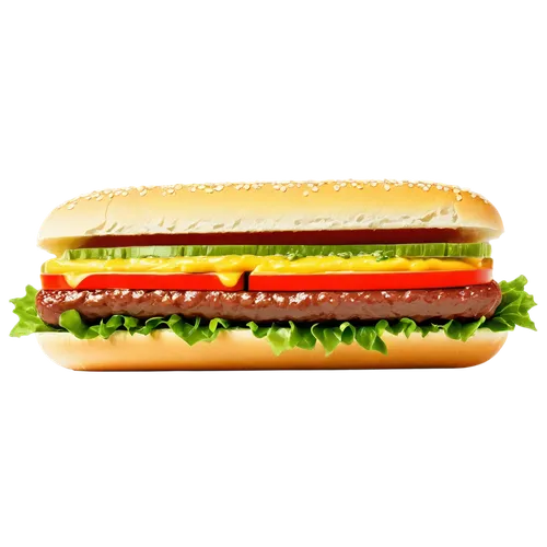 Hot dog, hamburger, fast food, colorful, cartoon style, white bun, red hot dog, yellow mustard, green relish, ketchup, sesame seeds, beef patty, lettuce, tomato, cheese slice, shiny surface, side view