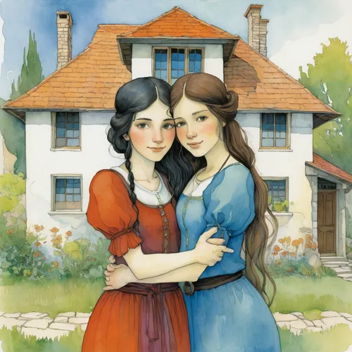 two girls,young couple,doll's house,woman house,game illustration,book cover,sisters,house painting,children's fairy tale,book illustration,young women,mother and daughter,cover,little girl and mother,dolls houses,idyll,houses clipart,dollhouse,doll house,camera illustration,Illustration,Realistic Fantasy,Realistic Fantasy 04