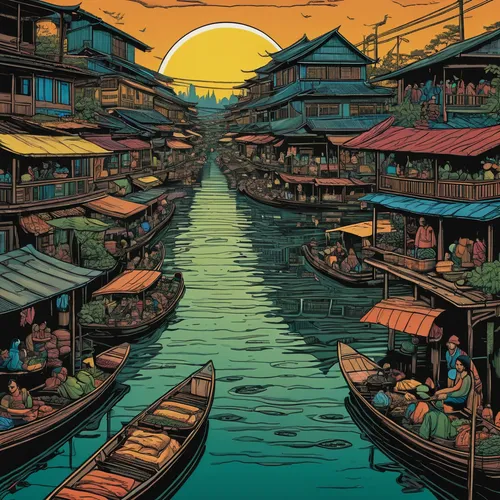 floating market,fishing village,southeast asia,cool woodblock images,floating huts,floating restaurant,teal blue asia,hoian,oriental painting,dragon boat,ulun danu,fish market,asian architecture,mekong,bukchon,kowloon,vietnam,izakaya,oriental,row boats,Illustration,Black and White,Black and White 18