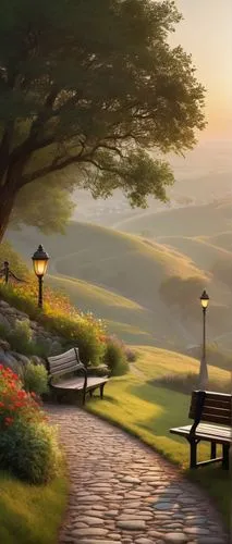 landscape background,bench,park bench,garden bench,wooden bench,benches,stone bench,world digital painting,home landscape,cartoon video game background,evening atmosphere,springtime background,fantasy landscape,spring morning,meadow landscape,beautiful landscape,nature background,red bench,spring background,rural landscape,Illustration,Retro,Retro 04