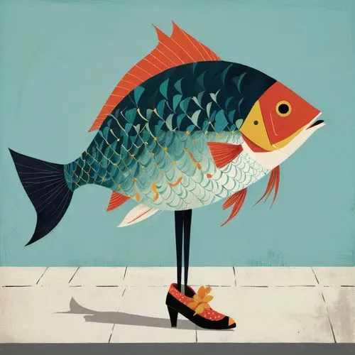 fish with legs and fancy shoes, on the street 
 
,poisson,fish collage,red fish,rockfish,groundfish,characin,fish,queenfish,seabream,overfishing,blue stripe fish,fishmonger,blue fish,pescado,fish oil,