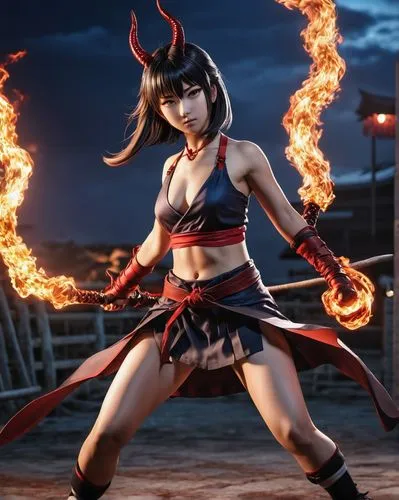 fighting anime character,japanese style,girl,satan,dark,the woman has horns and is holding torches,kunoichi,fire devil,akali,ibuki,hoketsu,xiaoyu,Photography,General,Realistic