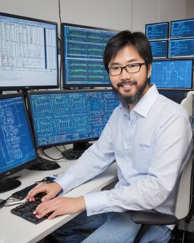 Advanced FPGA design, architecture, implementation, optimization, Steve Kilts, expert engineer, 40s, glasses, short hair, beard, white shirt, blue jeans, sitting, laboratory, multiple monitors, keyboa