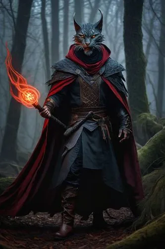 Male, muscular sorcerer, Tabaxi, dragon-like features, scales on arms, tribal tattoos, fierce eyes, sharp teeth, black hair with red streaks, messy beard, worn leather boots, tattered cloak, staff in 