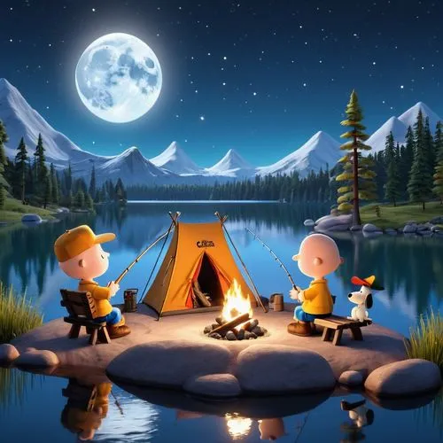 charlie brown and Snoopy, fishing, camping equipment, small campfire, moonlit mountain lake,,campfire,camping tipi,campfires,camping,campsite,camping tents,campground,romantic night,tent camping,campi