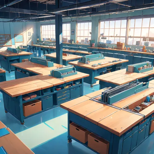 sewing factory,school design,school desk,classroom,working space,workroom,offices,the local administration of mastery,modern office,vocational training,manufacture,manufactures,typesetting,jewelry manufacturing,in a working environment,manufacturing,workbench,class room,chemical laboratory,school administration software,Anime,Anime,Realistic