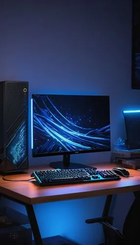 Personal computer, desktop PC, modern design, sleek metal case, glowing blue LED lights, angular edges, ventilation grills, USB ports, power button, compact keyboard, wired mouse, high-resolution moni