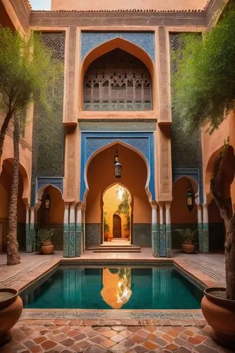 Marrakech architecture, Islamic style, intricate stone carvings, ornate tiles, arches, domes, minarets, riad interior, courtyard, fountain, lush greenery, orange trees, lanterns, Moroccan patterns, co