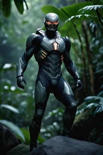 A cinematic still frame of a men dressed with the nanosuit, from the Crysis game, showing her entire body on a rock in the middle of a jungle, photo, cinematic, very detailed photography, enhanced det