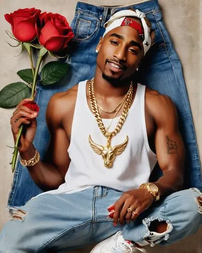 Tupac Shakur, hip hop legend, wearing gold chain, bandana, white tank top, baggy jeans, Air Jordan sneakers, holding a long-stemmed red rose, gentle smile, soft lighting, warm tone, blurred background