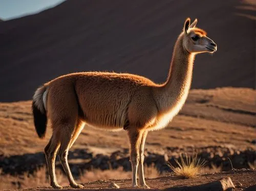 Guanaco, South American camelid, standing, majestic, Andes mountain range, Chile, rugged terrain, dry landscape, brown fur, soft texture, long neck, alert ears, gentle eyes, subtle expression, warm su