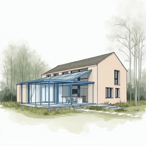 Prompt: "A modern house in a natural setting, with a blue sketch illustrating an extension that seamlessly connects to the house. The house is stylish, painted in light colors like beige or soft pink.