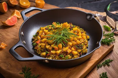 Describe the process of making a mouthwatering dish using a beautifully crafted pan.,cholent,wheatberry,caponata,ribollita,chana masala,piccalilli,arroz con gandules,lentil soup,fregula,pigeon pea,veg