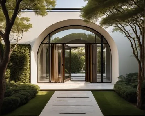 Barley Pfeiffer architecture, modern villa, luxurious mansion, grand entrance, marble floor, high ceiling, large windows, wooden door, metal gate, lush greenery, surrounding trees, natural stone walls