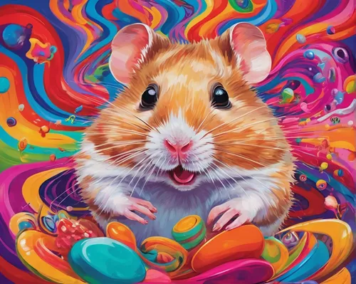 color rat,hamster,gerbil,musical rodent,hamster buying,guinea pig,hamster shopping,hamster wheel,guineapig,colorful background,i love my hamster,whimsical animals,ratatouille,colored pencil background,meadow jumping mouse,ecstatic,year of the rat,psychedelic art,portrait background,pet portrait,Conceptual Art,Oil color,Oil Color 23