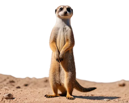 Meerkat, standing upright, curious eyes, brown fur, white belly, long tail, desert background, sunny day, warm light, 3/4 composition, shallow depth of field, soft focus, realistic texture, natural po