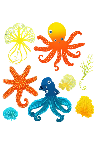 Colorful clip art style, underwater scene, various sea creatures, coral reef, seaweed, fish (yellow, blue, orange), seahorse, octopus, crab, shrimp, starfish, jellyfish, playful swimming poses, detail