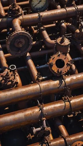 Industrial pipeline, complex structure, metallic material, rusted texture, valves, gauges, meters, pumps, cylindrical tanks, steam releasing, industrial lighting, high-angle shot, dramatic shadows, at