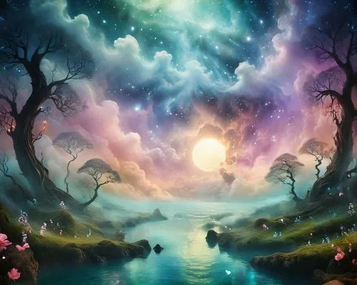 fantasy landscape,fantasy picture,fairy world,fantasy art,fairy forest,forest of dreams,dream world,fairy galaxy,mushroom landscape,wonderland,mystical,pillars of creation,the mystical path,dreamland,enchanted forest,3d fantasy,world digital painting,fantasy world,magic tree,elven forest,Illustration,Realistic Fantasy,Realistic Fantasy 37