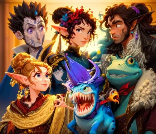 group photo of adventurers,five young people dressed up in period costumes, one with an open mouth and a dinosaur on its nose,familiars,reignited,ohana,kobolds,personajes,vondra,Anime,Anime,Cartoon