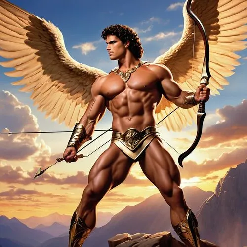 Muscular man, Eros, god of love, handsome face, strong jawline, piercing eyes, short curly hair, muscular chest, toned arms, legs, wings sprouting from back, holding a bow and arrow, standing on Mount