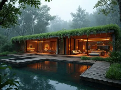 grass roof,forest house,amanresorts,house in the forest,pool house,beautiful home,floating huts,timber house,landscaped,tropical house,roof landscape,log home,green living,dreamhouse,summer house,wooden house,bamboo plants,luxury property,asian architecture,landscaping,Photography,General,Realistic