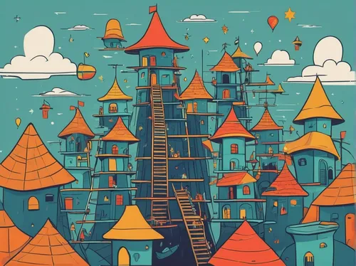 fantasy city,airbnb logo,hanging houses,castles,chimneys,cartoon forest,fairy chimney,skyscraper town,birdhouses,roofs,escher village,treehouse,airbnb icon,roof domes,towers,bird kingdom,houses clipart,animal tower,scandia gnomes,basil's cathedral,Illustration,Vector,Vector 06