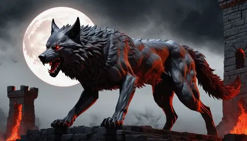 feral wolf, fire demon, hellish red eyes, sharp claws, blazing fur, muscular build, powerful legs, demonic horns, dark misty background, eerie glowing embers, ruins of a ancient castle, mysterious ful