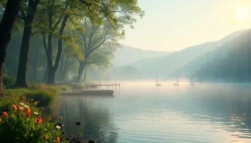 Serene lakefront scene, morning mist, gentle ripples on calm water, lush greenery surrounding, tall trees with branches stretching towards the sky, vibrant flowers blooming along the shore, wooden doc