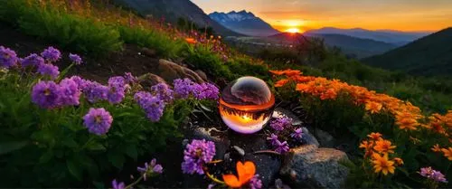 the sun is setting on a mountain with flowers,lupines,mountain flowers,flower in sunset,alpine flowers,alpine sunset,alpine meadow