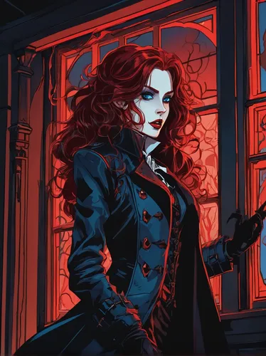 vampire woman,scarlet witch,clary,black widow,vampire lady,victorian,gothic woman,victorian style,victorian lady,red coat,sci fiction illustration,vampire,widow,transistor,gothic portrait,dark gothic mood,red-haired,game illustration,merida,femme fatale,Illustration,Japanese style,Japanese Style 06