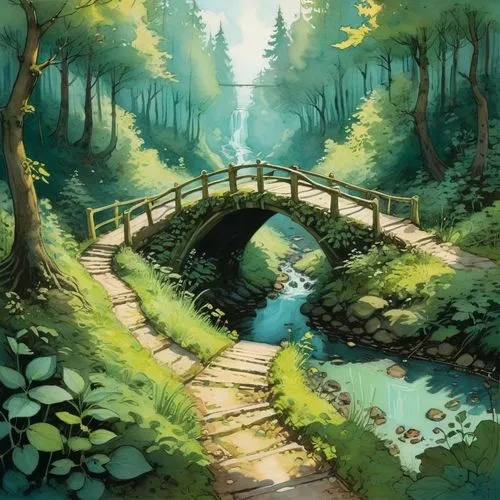 forest path,adventure bridge,wooden bridge,the mystical path,hiking path,watercolor background,Illustration,Paper based,Paper Based 17