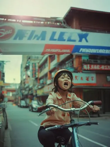 woman screaming in street with city scene in background,ektachrome,bike land,saigon,lubitel 2,xiaoxi,ipix,hoian,kodachrome,lifan,lumix,ximen,blumentritt,pedaling,yoshimi,solex,fmx,bicycle riding,melak