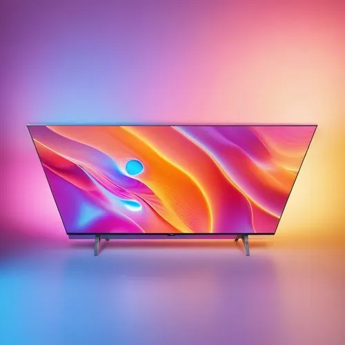 A photographic realistic of  PHILIPS TV WITH QLED EFFECT ON THE BACKGROUND,the new tv has an abstract design on the screen,plasma tv,colorful glass,cinema 4d,computer screen,wavevector,3d background,P