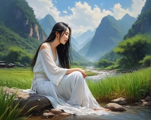 chinese art,vietnamese woman,landscape background,world digital painting,fantasy picture,girl on the river,mystical portrait of a girl,asian woman,fantasy art,viet nam,inner mongolian beauty,art painting,shahe fen,oil painting,oriental,mountain scene,oriental longhair,oriental girl,fantasy portrait,lilly of the valley,Conceptual Art,Fantasy,Fantasy 12