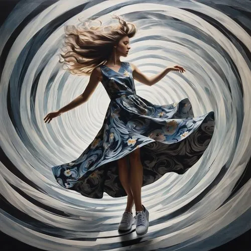 In a surreal and dreamlike scene, a woman in a floral dress and a pair of sneakers steps into a spiral, her hair spiraling rapidly into unison, as she gazes ethereally into the darkness. The reflectio