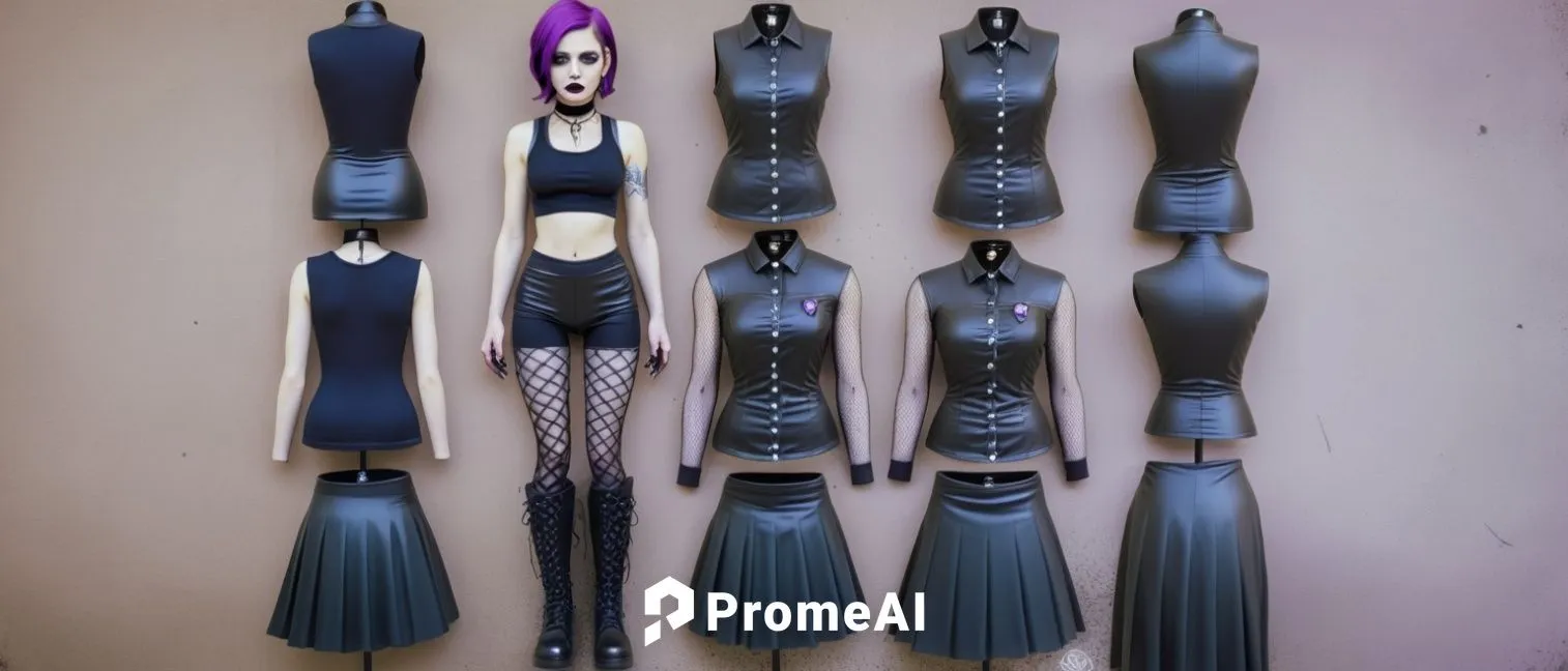 Paper doll 2d cartoon goth purple haired girl in black sleeveless shirt , black spandex shorts, complete full length fishnet and black goth knee Boots, standing surrounded by with a set of goth fashio