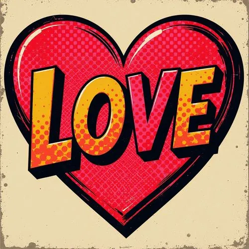 Pop Art. Close-up. The word "LOVE" encased in a heart. Medium shot. Gareth Edwards and Roy Lichtenstein comic book style. Bold, bright, and colorful typography with Ben-Day dots. A distressed texture 