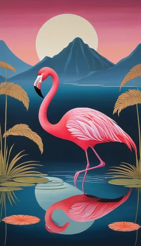 greater flamingo,flamingo,pink flamingo,flamingos,flamingo pattern,cuba flamingos,two flamingo,flamingo couple,flamingoes,pink flamingos,lawn flamingo,flamingo with shadow,bird painting,tropical bird,scarlet ibis,tropical birds,coastal bird,aquatic bird,khokhloma painting,spoonbill,Illustration,Retro,Retro 26