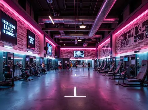 Industrial-chic fitness club, exposed ductwork, polished concrete floors, metallic accents, neon-lit signage, dynamic LED lighting, mirrored walls, sleek equipment stations, free weights area, cardio 