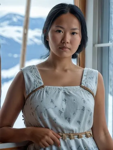 simple drawing of an Inuit girl with black hair in a dress near a window,a woman is standing by the window looking at her cell phone,jutlandic,greenlandic,mongolian girl,namatbayeva,asian woman,inuit,