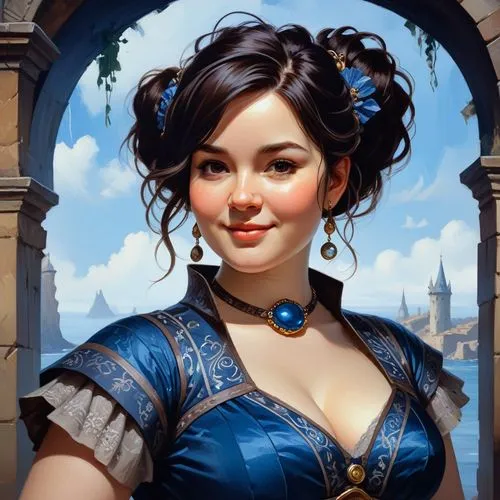 slightly overweight, round face,a painting shows a woman wearing a blue dress and earrings,fantasy portrait,belle,esmeralda,lumidee,romantic portrait,amuria