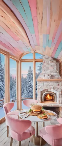 snowhotel,breakfast room,baked alaska,winter house,alpine restaurant,the cabin in the mountains,gingerbread house,crispy house,ufo interior,soft pastel,watercolor cafe,warm and cozy,the gingerbread house,log home,yule log,log cabin,christmas fireplace,cabin,snowed in,ice cream shop,Conceptual Art,Fantasy,Fantasy 24