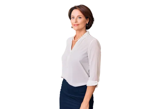 Middle-aged woman, mature lady, solo, (40yo), elegant hairstyle, subtle makeup, gentle smile, white blouse, black pencil skirt, high heels, pearl necklace, classic watch, standing with confidence, 3/4