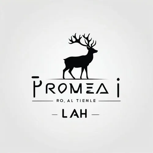 Flat, minimalist vector graphic in black, Logo for Promeai on the theme of a deer, logo style, white background, with text "leah",logodesign,north sumatra,company logo,proa,logotype,premises,promontor