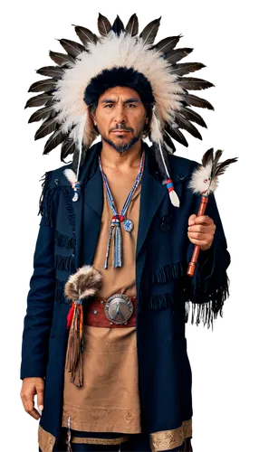 Red Indian Chief, mature man, feathered headdress, strong facial features, brown skin, grayish-black hair, braided beard, serious expression, traditional Native American clothing, leather tunic, feath