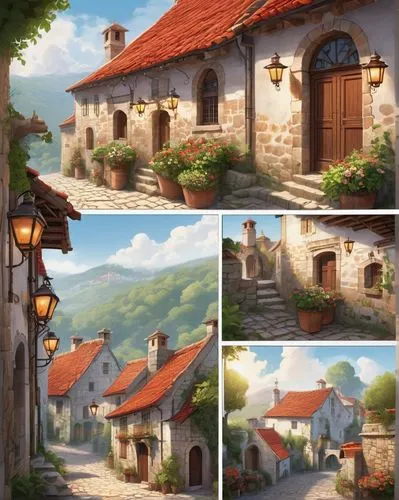 knight village,alpine village,medieval town,mountain settlement,townscapes,meteora,mountain village,maisons,highstein,villages,aurora village,beautiful buildings,stone houses,medieval street,houses clipart,sylvania,riftwar,briarcliff,townsites,escher village,Unique,Design,Character Design