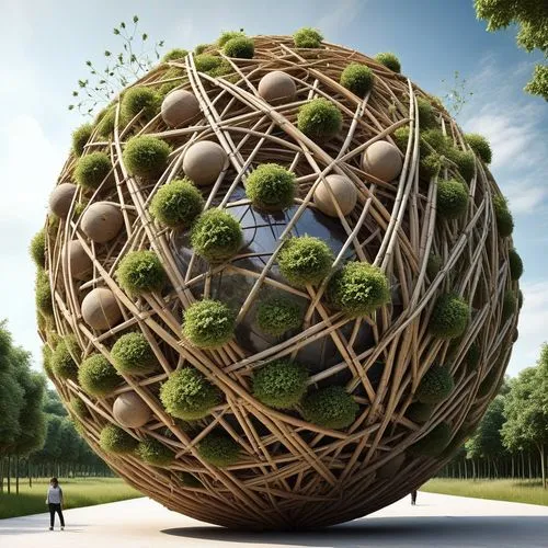 a group of people standing in a parking lot next to a large ball with green moss growing on it,wooden ball,insect ball,wooden balls,ecosphere,geodesic,ball cube